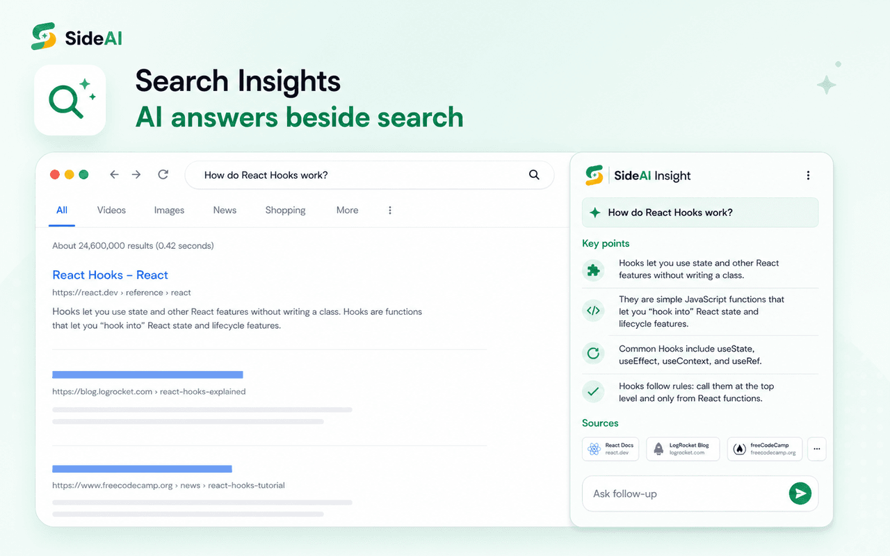 SideAI Search Insights displaying an answer and follow-up controls beside Google results