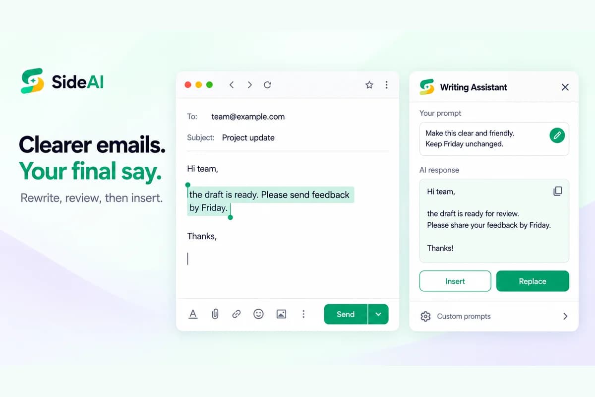Illustrative SideAI Writing Assistant beside an email draft, with a reviewed rewrite and Insert and Replace controls