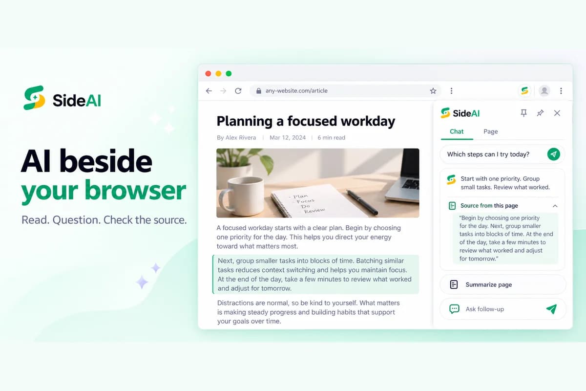 Illustrative SideAI browser mockup showing a workday article and a source-checkable sidebar answer