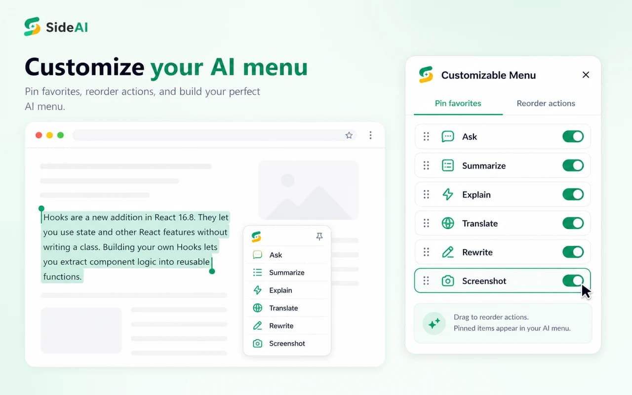 SideAI customizable AI menu beside a webpage with detailed browser extension controls