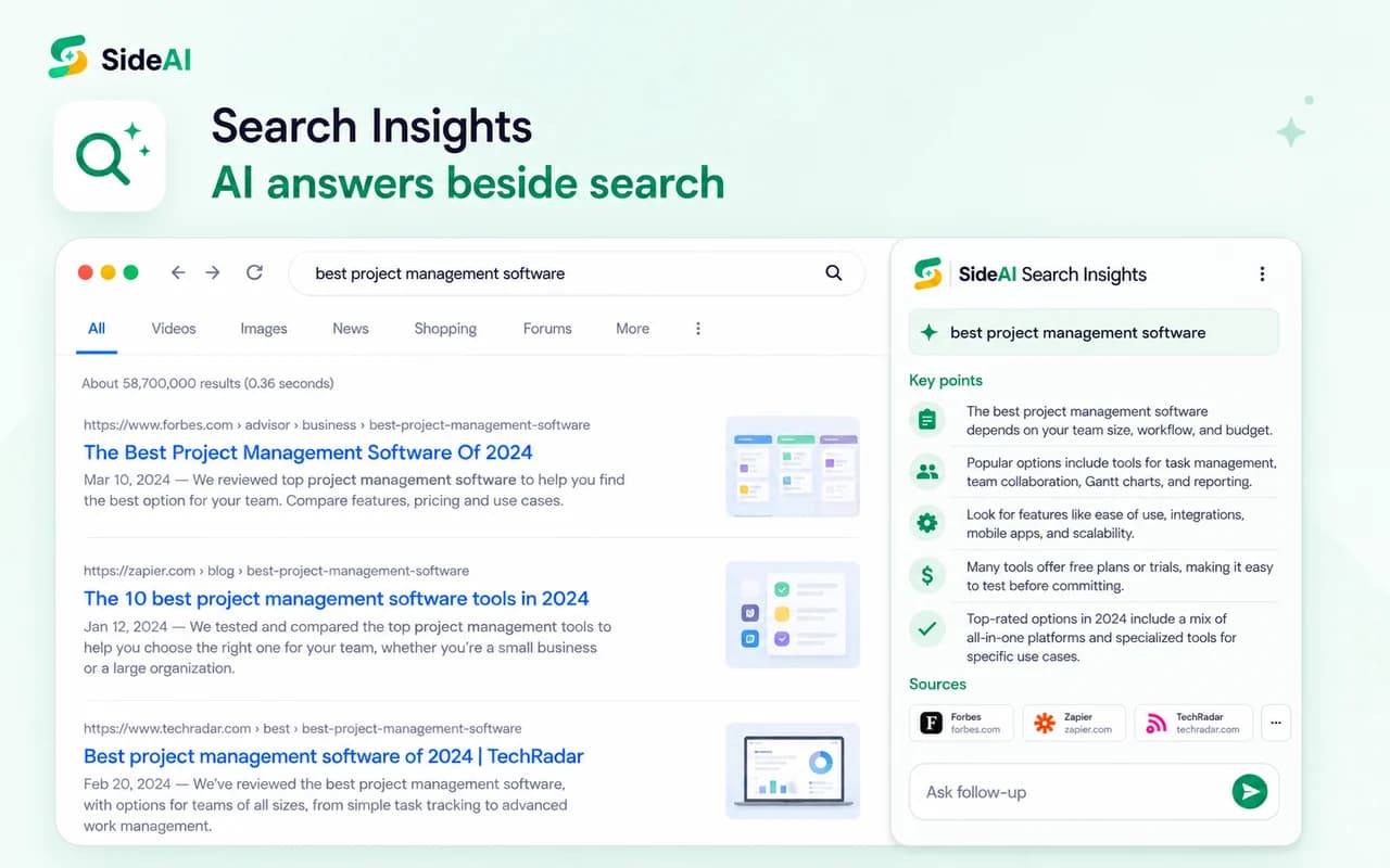 Detailed SideAI Search Insights panel with key points, sources, and follow-up controls beside search results