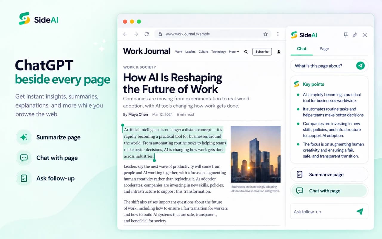 Detailed SideAI browser sidebar beside a webpage with summary, page chat, and follow-up controls
