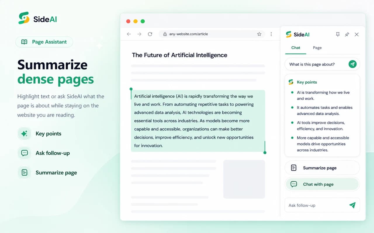 SideAI Page Assistant beside a detailed webpage with key points, summary, and follow-up controls