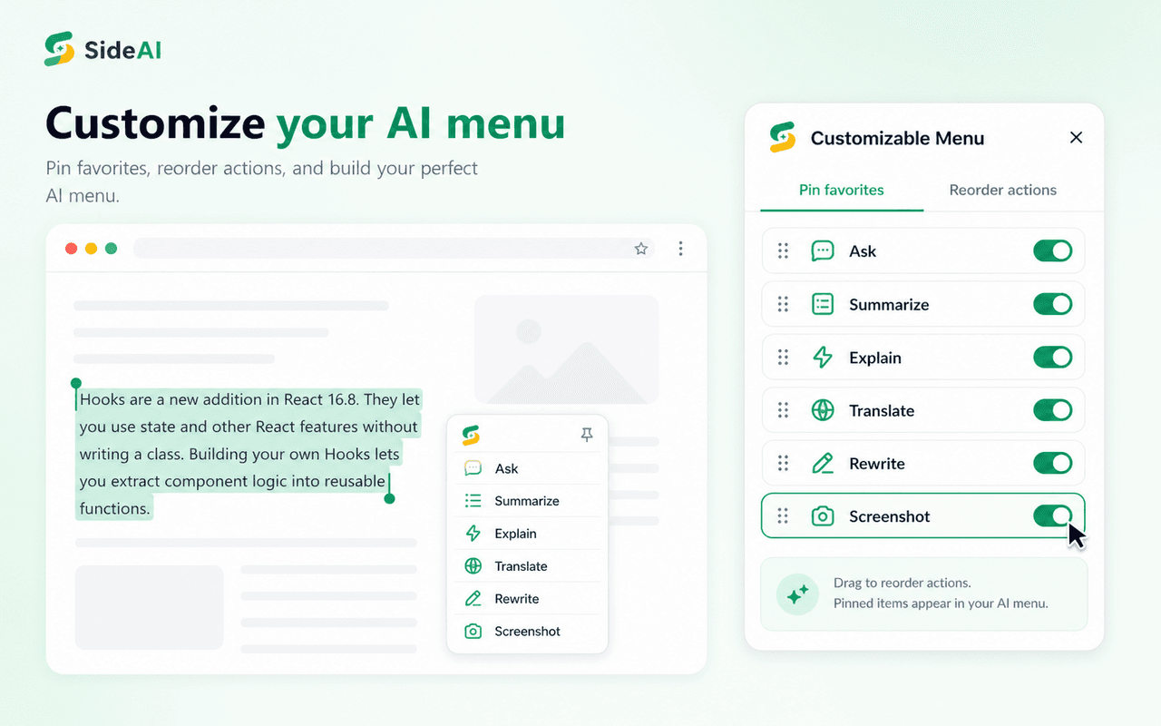 SideAI customizable browser action menu beside a webpage