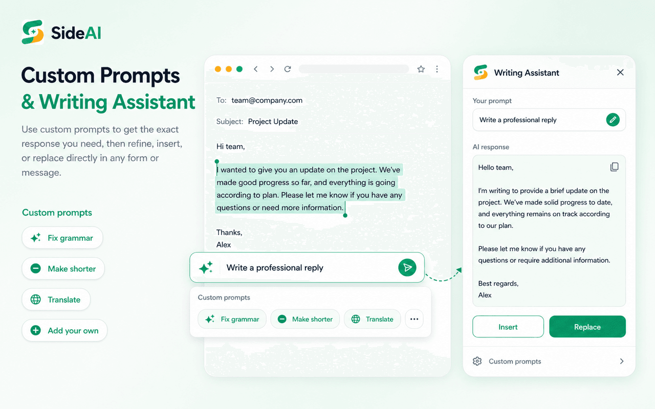 SideAI Writing Assistant in Chrome with prompt controls, an AI response, and review actions