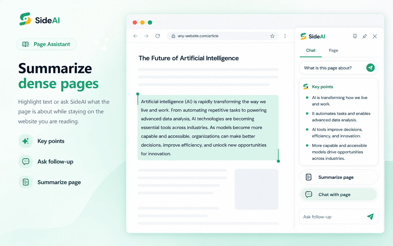 SideAI Page Assistant showing key points from the current webpage beside the source